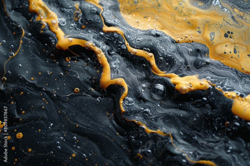 Aufkleber an artistic fluid composition of intertwining yellow and black paint creating an abstract form