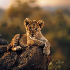 Obraz premium Adorable Lion Cub Resting Curiously on a Rock with Wilderness Backdrop in Soft Lighting. Portrait of a cute and funny wild lion cub looking at the camera