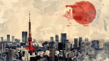 Tokyo's cityscape is captured in a unique artistic representation, highlighted by a splash of red resembling the sun