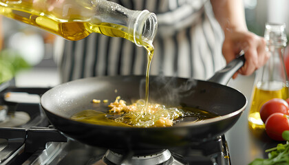 Woman pouring cooking oil from bottle into frying pan on stove, closeup