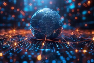 The globe is enveloped in a blue and red digital network on a dark background, symbolizing connectivity