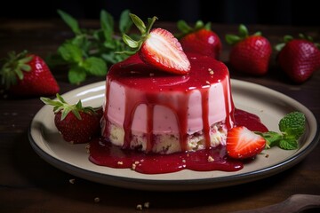 Luscious strawberry cheesecake with dripping sauce and fresh strawberries on a dark backdrop