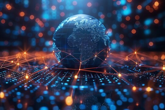 The globe is enveloped in a blue and red digital network on a dark background, symbolizing connectivity