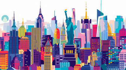 Vibrant, colorful illustration of New York City's skyline featuring famous landmarks and buildings, suitable for travel themes