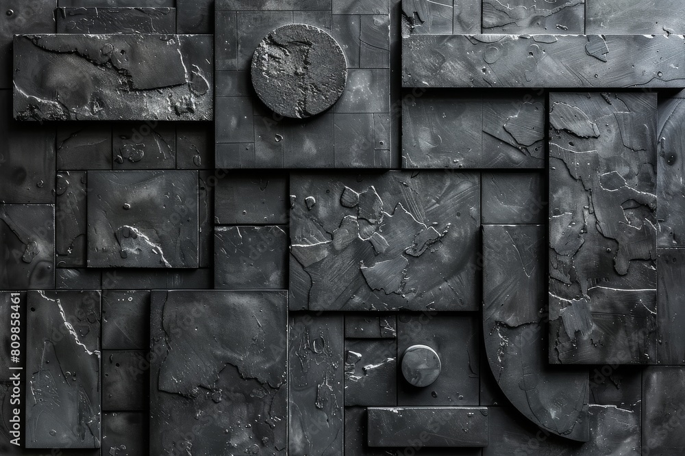 Poster a wall featuring a collection of black tiles and stone with varying textures and sizes, creating an 