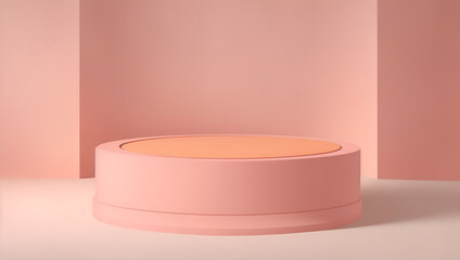Empty round podium aganist a peach fuzz color background. Perfect platform for showcasing cosmetics.