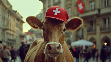 Close-up of a cow wearing a red Swiss cap in a bustling city square.

