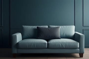 Interior background of a living room with comfortable sofa and blue wall Generative AI 