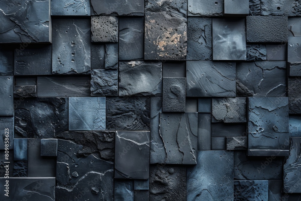 Poster a close-up of a black wall depicting the intricate textures and diverse shapes of the tiles that com