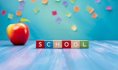 Back to school concept with apple and colorful blocks spelling SCHOOL on blue background

