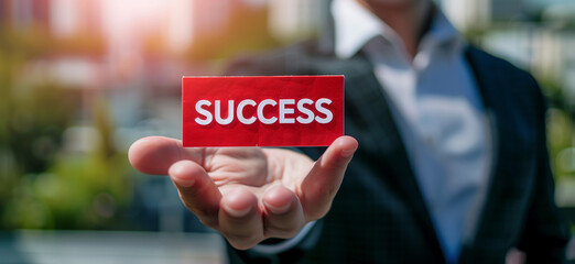 businessman holding a success card