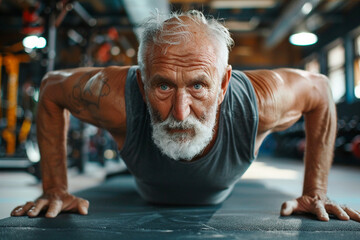 Fototapeta premium strong and muscular aged senior man exercising and does push-ups in the gym