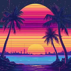 Obraz premium Silhouette palm tree with sun sand and beach retro tone color background. Tropical summer palm trees. Summer vibes retro t shirt design. perfect for tshirt design, sticker and beach house logo design
