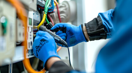 Close-up of professional electrician's hands fixing machinery with specialized tools, showcasing manual labor and technical expertise