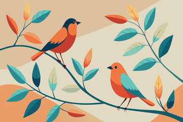 A pair of stylized birds sitting on a branch with autumn leaves