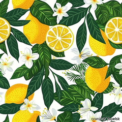Tropical summer seamless pattern with lemons, leaves and flowers. Citrus fruit background. Modern trendy design for paper, cover, fabric. 