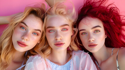 Fototapeta premium portrait of three young women on the pink background