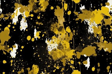 Abstract splatter paint in black, gold, and white, on black background seamless pattern