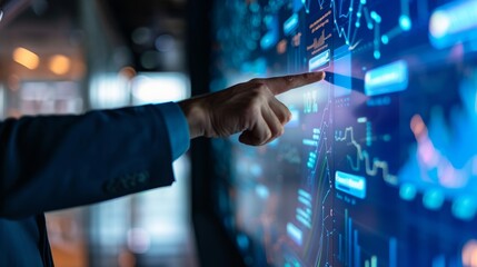 Businessman pointing at graphs, research information or risk management key datas on screen, 16:9