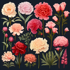 set of Carnations, plants, leaves and flowers. illustrations of beautiful realistic flowers for background, pattern or wedding invitations.
