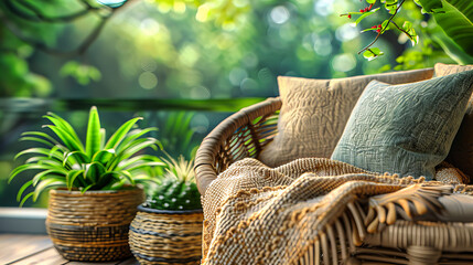Outdoor Patio with Wicker Sofa and Modern Garden Decor, Cozy and Stylish Terrace for Relaxation and Entertainment