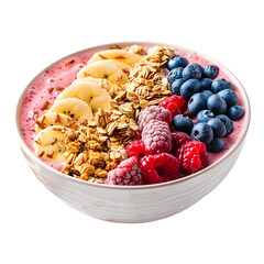 A fruit smoothie bowl with granola and fresh berries on transparent background