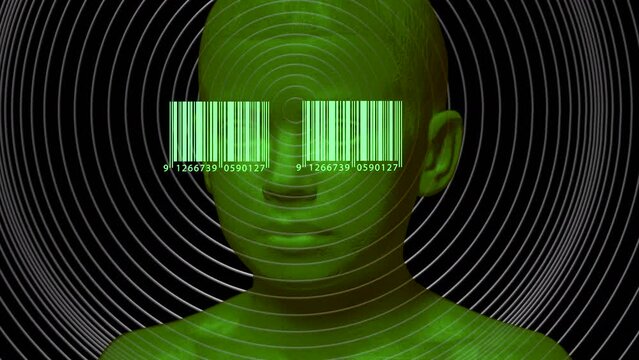 The head of a boy with his eyes covered by a barcode