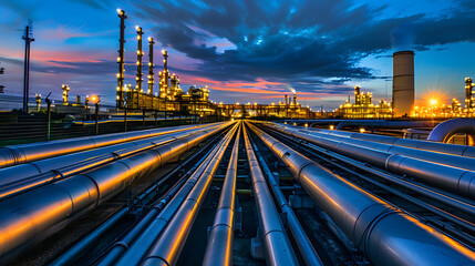 Gleaming metal pipes converge leading to an industrial chemical plant against a dramatic sunset sky