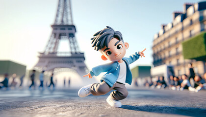 A 3D cartoon of a young boy breakdancing, with the Eiffel Tower in the background