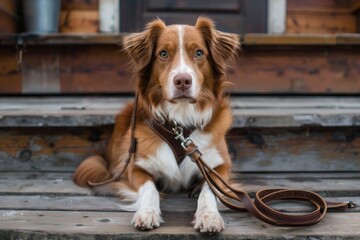 The dog is waiting for the owner, dog with leather leash waiting for a walk, pet ready for walking