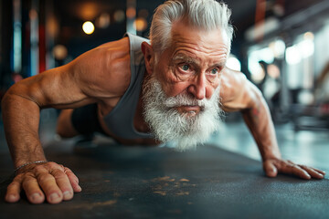 strong and muscular aged senior man with beard exercising and does push-ups in the gym