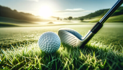 a golf ball on lush green grass, ready to be hit by a golf club