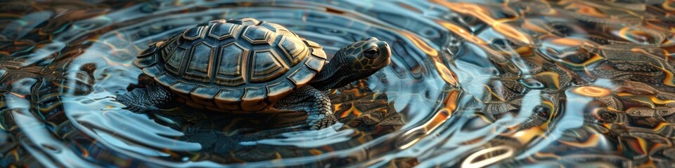 Metallic turtle sculpture emerging from shimmering water with reflective shell - obrazy, fototapety, plakaty