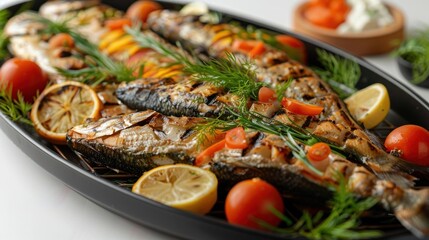 Grilled Fish Delicacies on a Platter with Avant Garde Culinary Presentation in a High End Restaurant