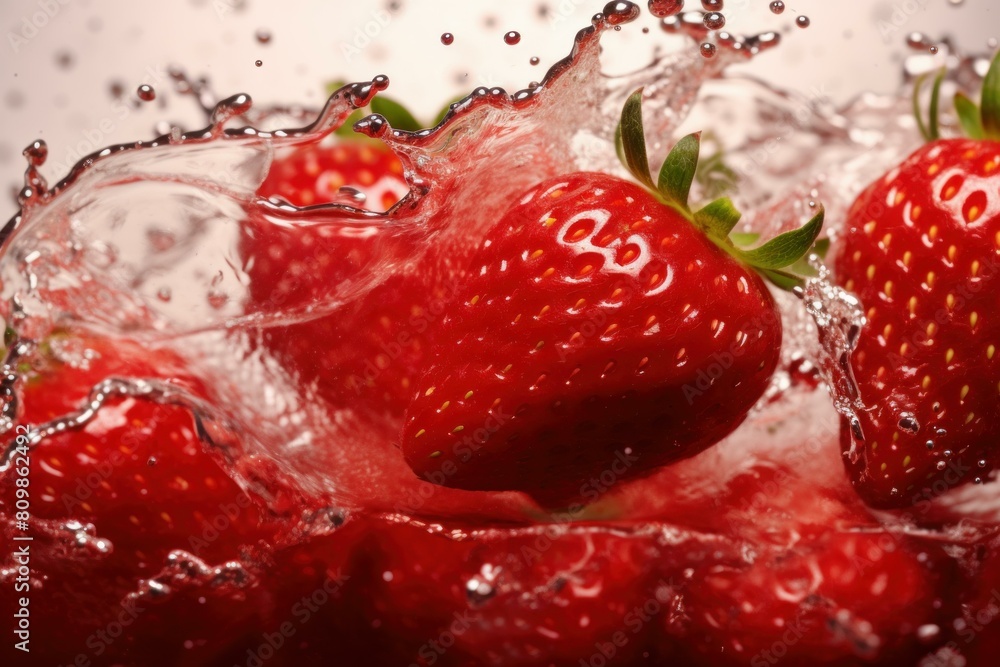 Poster close-up of ripe strawberries with a dynamic water splash on a red background