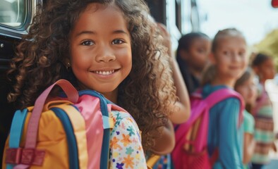 Smiling multiethnic girl with curly hair ready for school day, colorful backpack in focus
