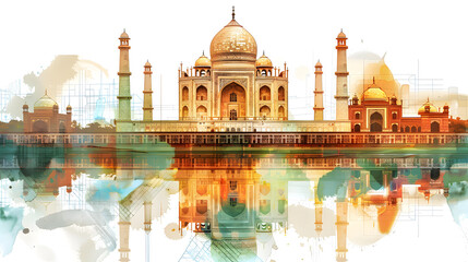 The seamless blend of warm tones and watercolor textures brings out the ethereal beauty of the Taj Mahal's reflection