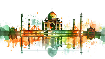 Dramatic watercolor splatters and vivid colors create a memorable illustration of the Taj Mahal reflecting in calm waters