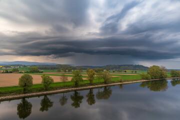 Supercell of a storm cloud over the Danube in the Landreis Straubing-Bogen Bavaria Germany.