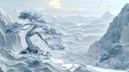 Obraz premium Paper cutting art traditional landscape illustration poster background