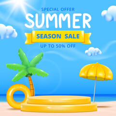 summer sale banner template with beach and sea water, Coconut trees and rubber rings, blue sky with clouds.