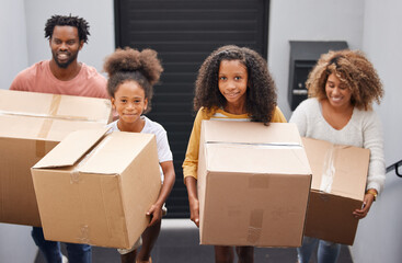 Happy, family and moving with boxes in house for real estate, walking or together or helping....