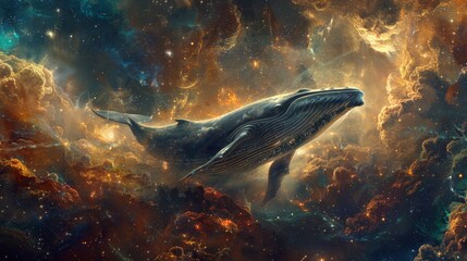 Whale is flying through a colorful, starry sky. The image has a dreamy, ethereal quality, with the whale appearing to be floating effortlessly through the clouds. The colors and shapes of the clouds