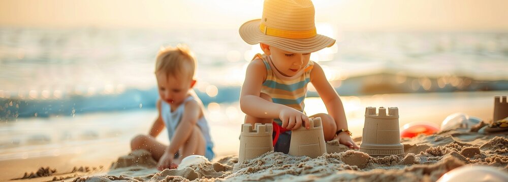 kids playing with sandcastles on the beach, in the style of summer vacation concept