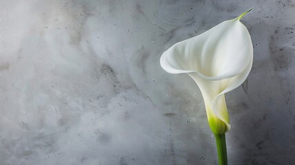 A single white calla lily against a textured gray background