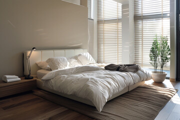 Modern bedroom with unmade bed and large window with blinds