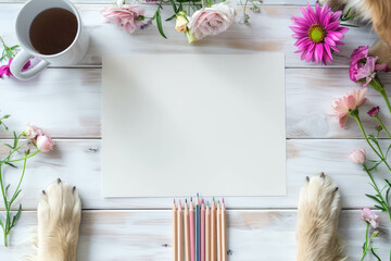 Minimalist setting of white wood with a notepad and dog's foot arranged beautifully. AI generative touch elevates its aesthetic.