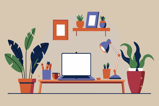 A tidy work desk with a laptop, lamp, and green plants in a cozy room