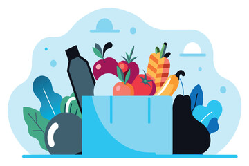 A variety of groceries including fruits, vegetables, and a bottle, artfully arranged in a bag
