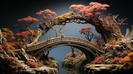 Obraz premium A Wooden Bridge with Colorful Autumn Leaves Leads Across a River in a Peaceful Rural Landscape